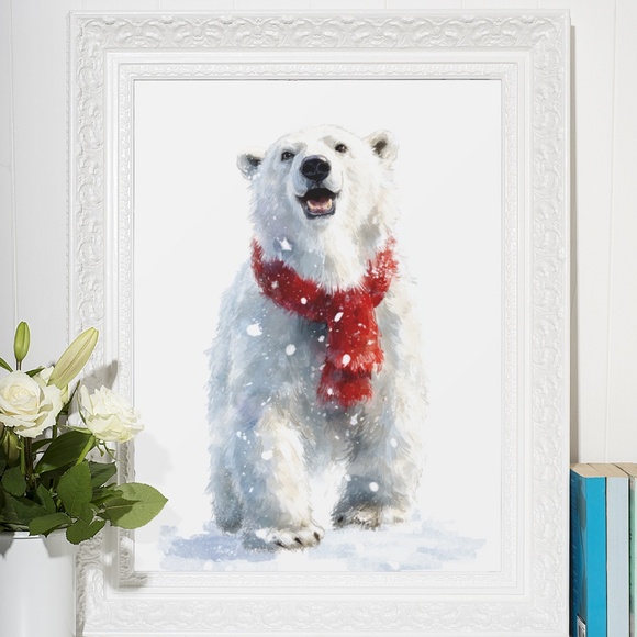 Watercolor Polar Bear with Red Scarf Portrait Wall Art Print Poster, Unframed - Picture 6 of 6